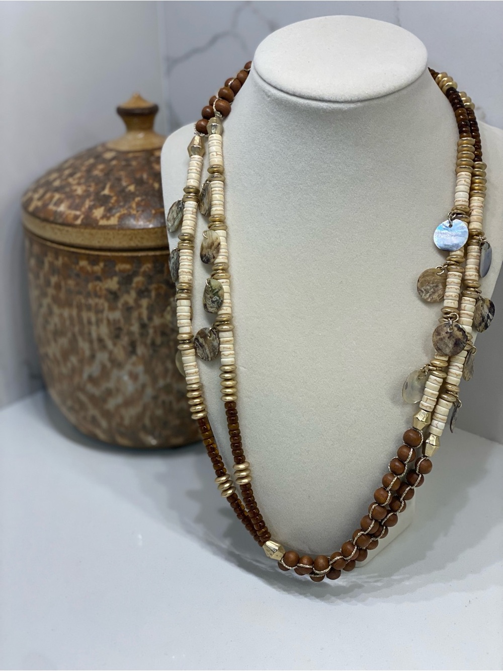 Chico’s Utopia Brown & Natural Cream Long Beaded Necklace With Shell Tone Discs
